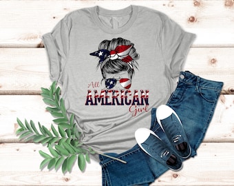 All American Girl PNG JPEG | Patriotic Hair Bun Sunglasses Sublimation | 4th of July USA Flag Digital Design