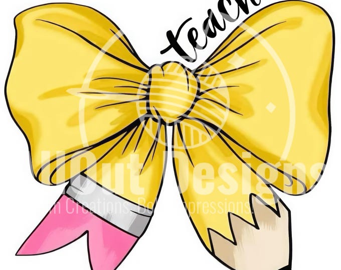 Featured listing image: Pencil Bow Png, Pencil with Bow Png Design, Teacher Pencil Bow, Pink Bow Teacher Png, Tshirt Png Design, Instant Download