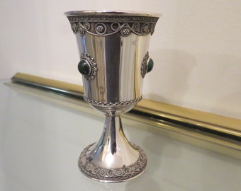 Handmade Sterling Silver Zadok Kiddush Wine Cup Israel with 3 Original Green Stones