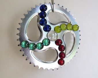 Bicycle Chain Ring Wall Art - Upcycled with 4 Colored Glass Gems