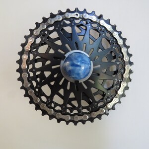 Bicycle Wall Art - Upcycled Bike Gear with chain - Blue Planet Earth Globe