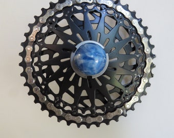 Bicycle Wall Art - Upcycled Bike Gear with chain - Blue Planet Earth Globe