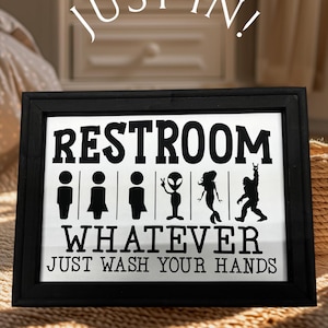 Whatever, Just Wash Your Hands Restroom Sign. Male / Female / Aliens