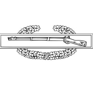 Può includere: Un'illustrazione in bianco e nero di un premio militare, la Army Commendation Medal, che presenta un fucile e una corona di alloro.