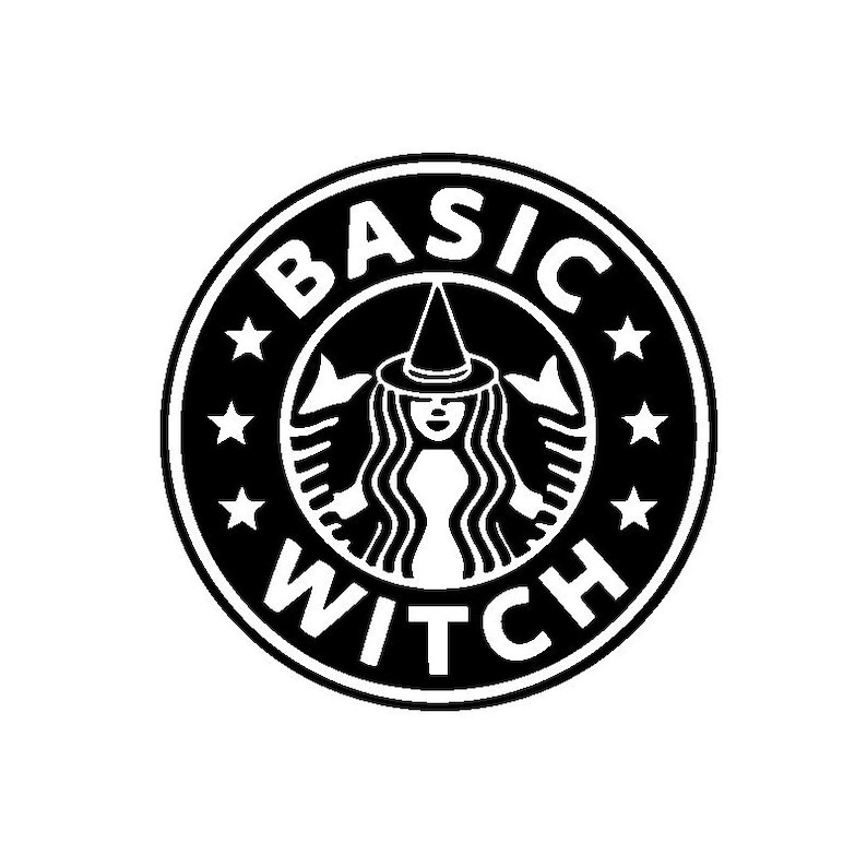 May include: Black and white graphic design of a witch with a witch hat in a circle with the text "BASIC WITCH" and five stars around the circle.