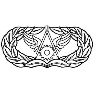 May include: A black and white line drawing of an Air Force award badge. The badge features a stylised compass, wings, and a gear.