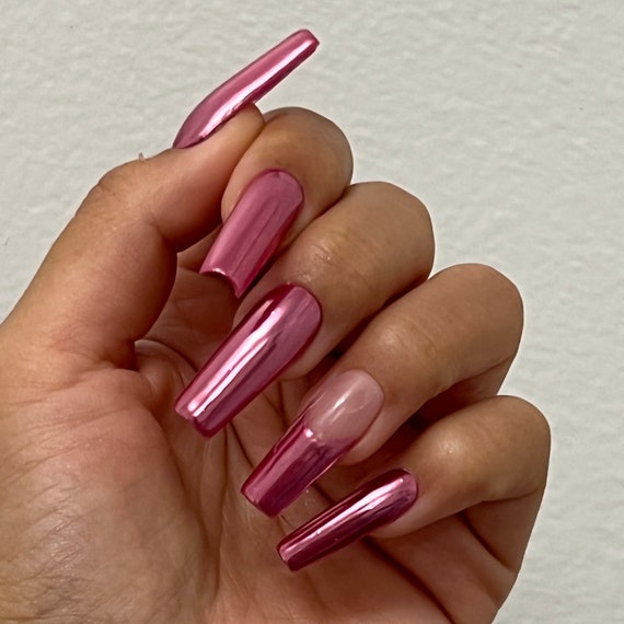 Trendy Pink Chrome Press-On Nails in Almond Shape | LUXXI