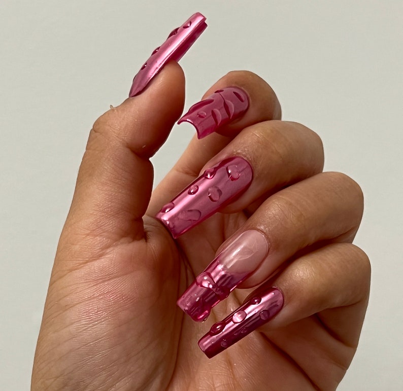 Dew Drop Malibu Barbie Hot Pink Mirror Chrome Nails Wet Chrome Gel X Shiny Finish Any Shape image 1