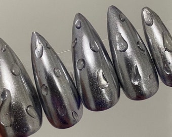 Wet Silver Platinum Molten Chrome Nails | Dew Drop | Gel X | Shiny Finish | Any Shape