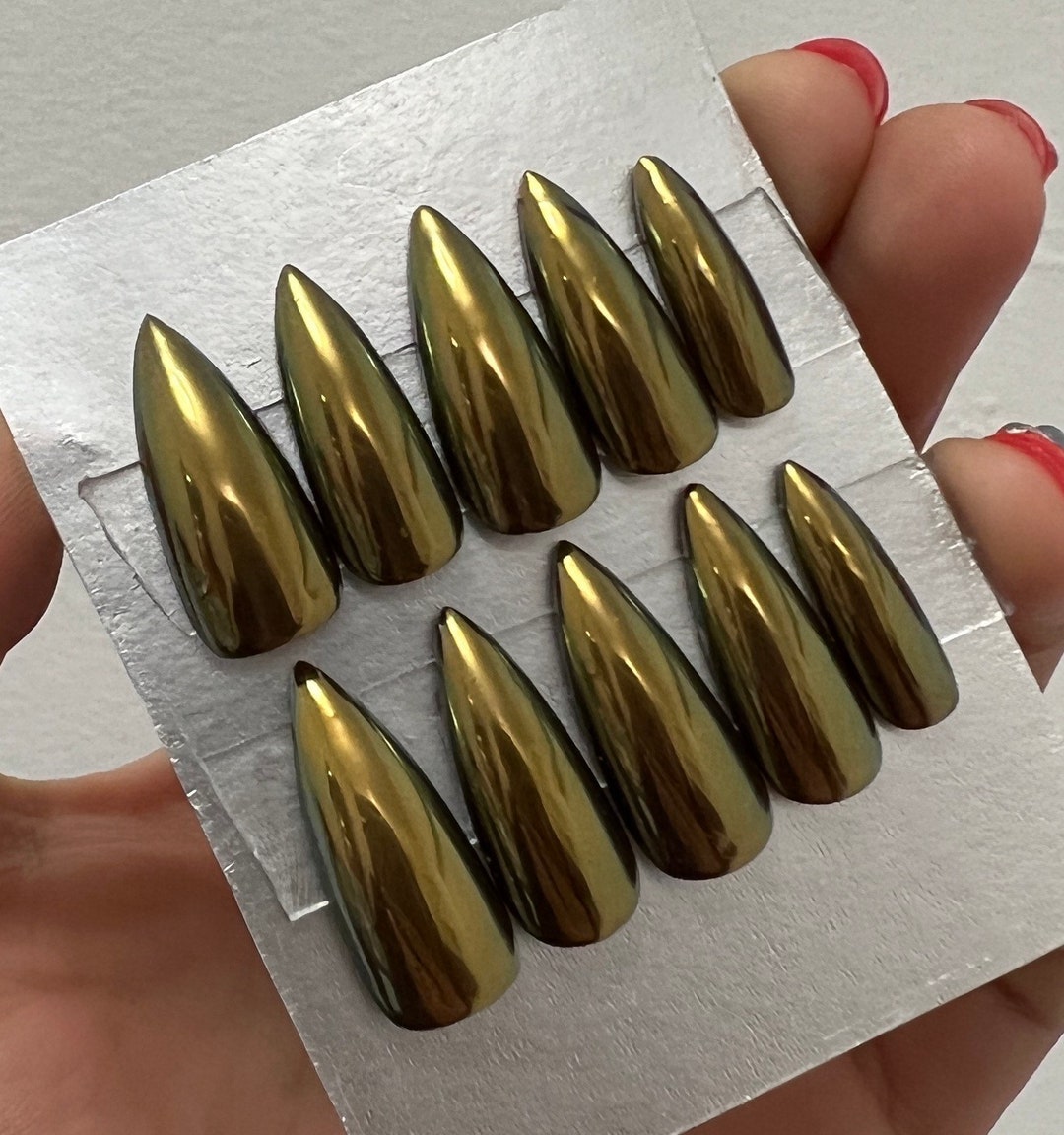Olive Green Chrome Nails Military Green Gel X Shiny Finish Any Shape - Etsy