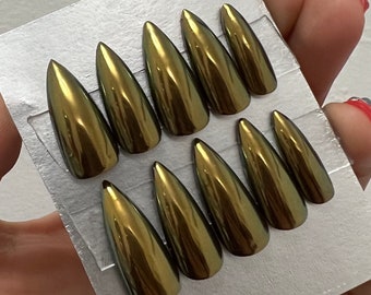 Olive Green Chrome Nails | Military Green | Gel X | Shiny Finish | Any Shape