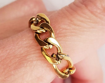 Gold Plated Figaro Chain Ring, Chunky Stainless Steel Stacking Band