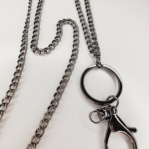 Gunmetal Curb Chain Lanyard Chain ID Badge Holder, ID Holder, Office Accessories, Long Chain Badge ID Necklace, Black Metal Keychain Holder