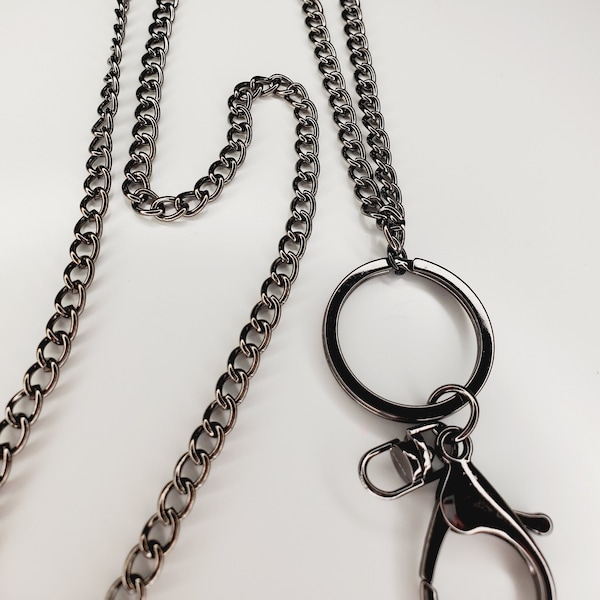 Gunmetal Curb Chain Lanyard Chain ID Badge Holder, ID Holder, Office Accessories, Long Chain Badge ID Necklace, Black Metal Keychain Holder