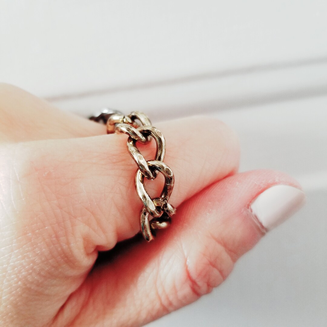 Gold Thick Chain Ring, Bronze Metal Curb Chain Ring, Minimalist Ring ...
