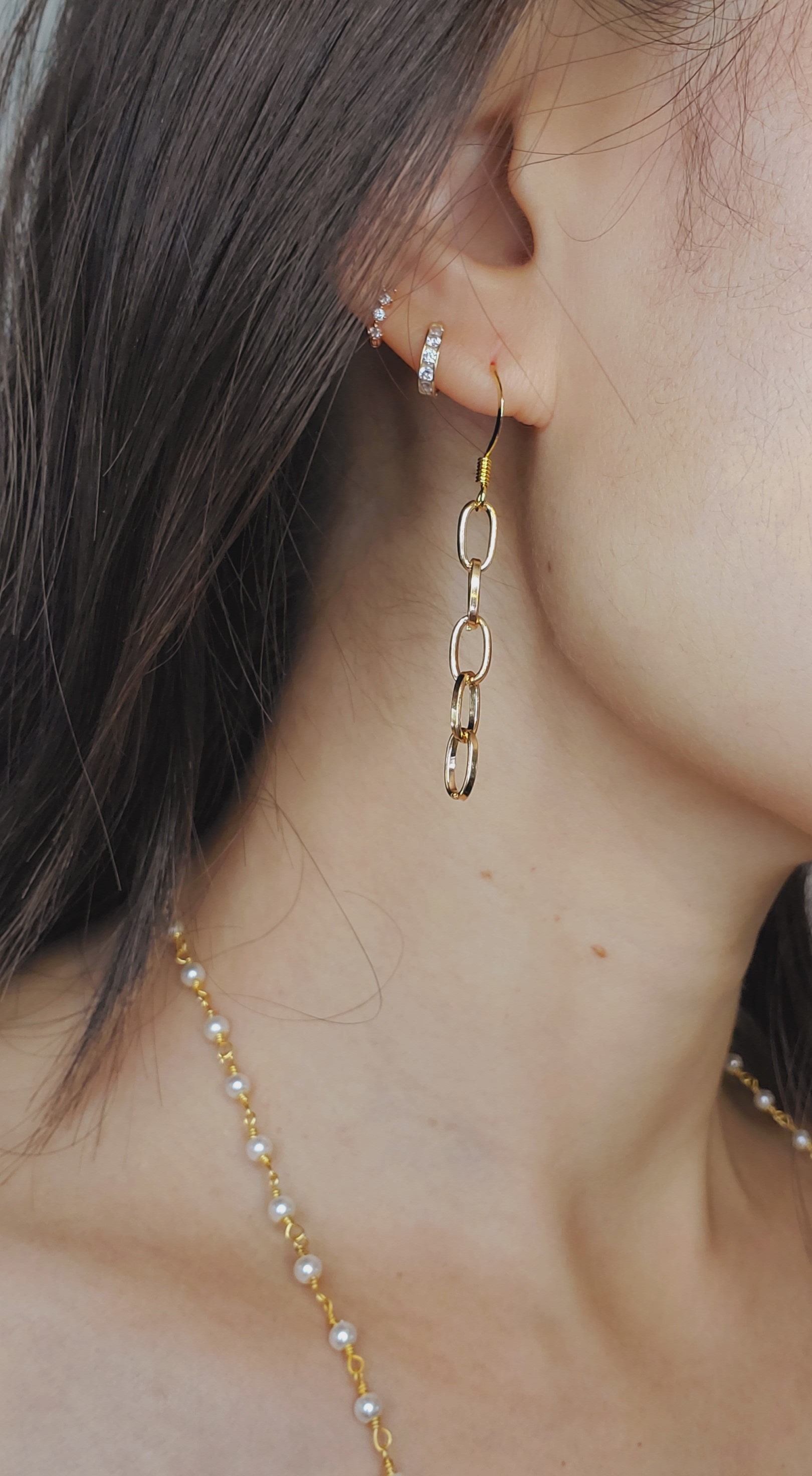 Ohrring Mit Kette Für 2 Ohrlöcher Gold Oval Kette Ohrring Drop Chain vergoldet Ohrringe dicke | Etsy