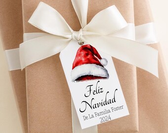 Personalized Feliz Navidad Christmas Gift Tags, Santa Hat