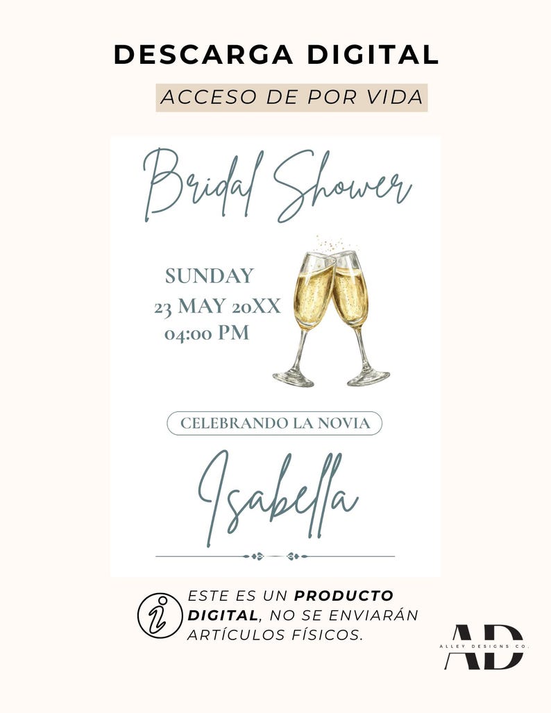 K&ouml;nnte beinhalten: Digitale Brautparty-Einladung mit dem Text "Bridal Shower" und dem Namen "Isabella". Die Einladung enth&auml;lt Datum, Uhrzeit und zwei Champagnergl&auml;ser. Der Text "Este es un producto digital, no se enviar&aacute;n art&iacute;culos f&iacute;sicos" ist ebenfalls enthalten.
