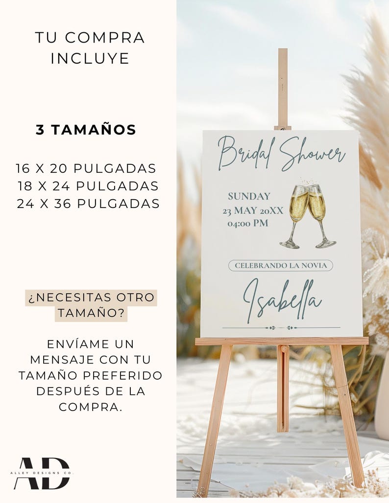 K&ouml;nnte beinhalten: Eine Holzstaffelei zeigt ein wei&szlig;es Schild f&uuml;r eine Brautparty. Das Schild zeigt die Worte "Bridal Shower", Datum, Uhrzeit und den Namen "Isabella". Das Schild wird von einer Holzstaffelei getragen. Das Bild enth&auml;lt auch Text &uuml;ber Gr&ouml;&szlig;en.