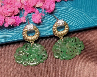 Myanmar Grade A Carved Green Jadeite Dangling Earrings - Pair 651 (Gemstone, Natural Stone, Precious Stone)