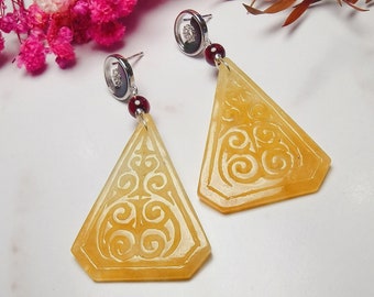 Myanmar Grade A Carved Yellow Jadeite Dangling Earrings - Pair 541 (Gemstone, Natural Stone, Precious Stone)