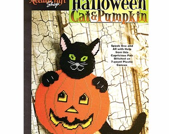 SALE! Halloween Plastic Canvas Patterns, Cat Welcome Sign, Vintage Pattern 7-count mesh, Halloween Door Welcome Jack O Lantern Decorations