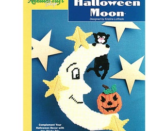 SALE! Halloween Plastic Canvas Patterns, Moon Welcome Sign, Vintage Pattern on 7-count mesh, Halloween Door Welcome Halloween Decorations