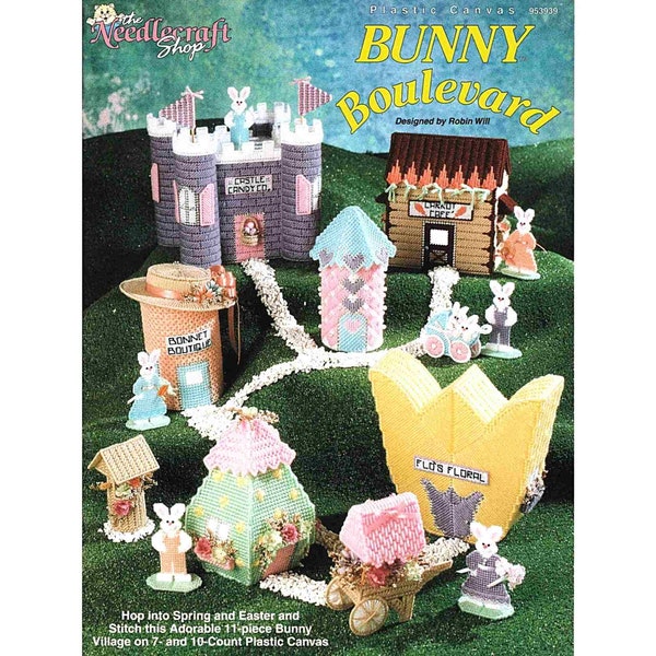 SALE! Easter Plastic Canvas Patterns, Bunny Boulevard Village Table Centerpiece Decor Pattern, DIY Needlepoint, Plastic Mesh, Vintage Crafts