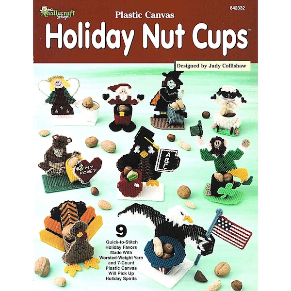 SALE! Plastic Canvas Pattern Book, Holiday Nut Cups, 9 diy party favors to make with 7-count plastic canvas. Original Booklet ready to ship.