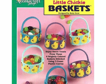 SALE! Easter Plastic Canvas Pattern, Baby Chick Small Treat Basket Favor Pattern DIY Needlepoint on Plastic Mesh, Vintage Crafts Book