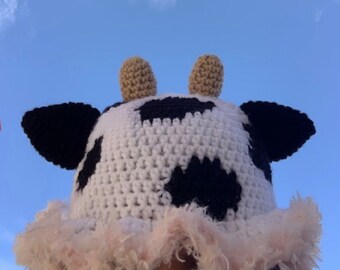 Handmade Crochet Black and White Cow Bucket Hat