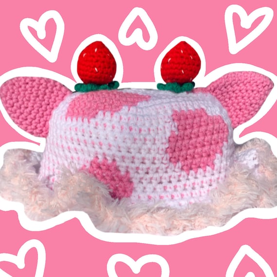 Crochet Strawberry Cow Bucket Hat 