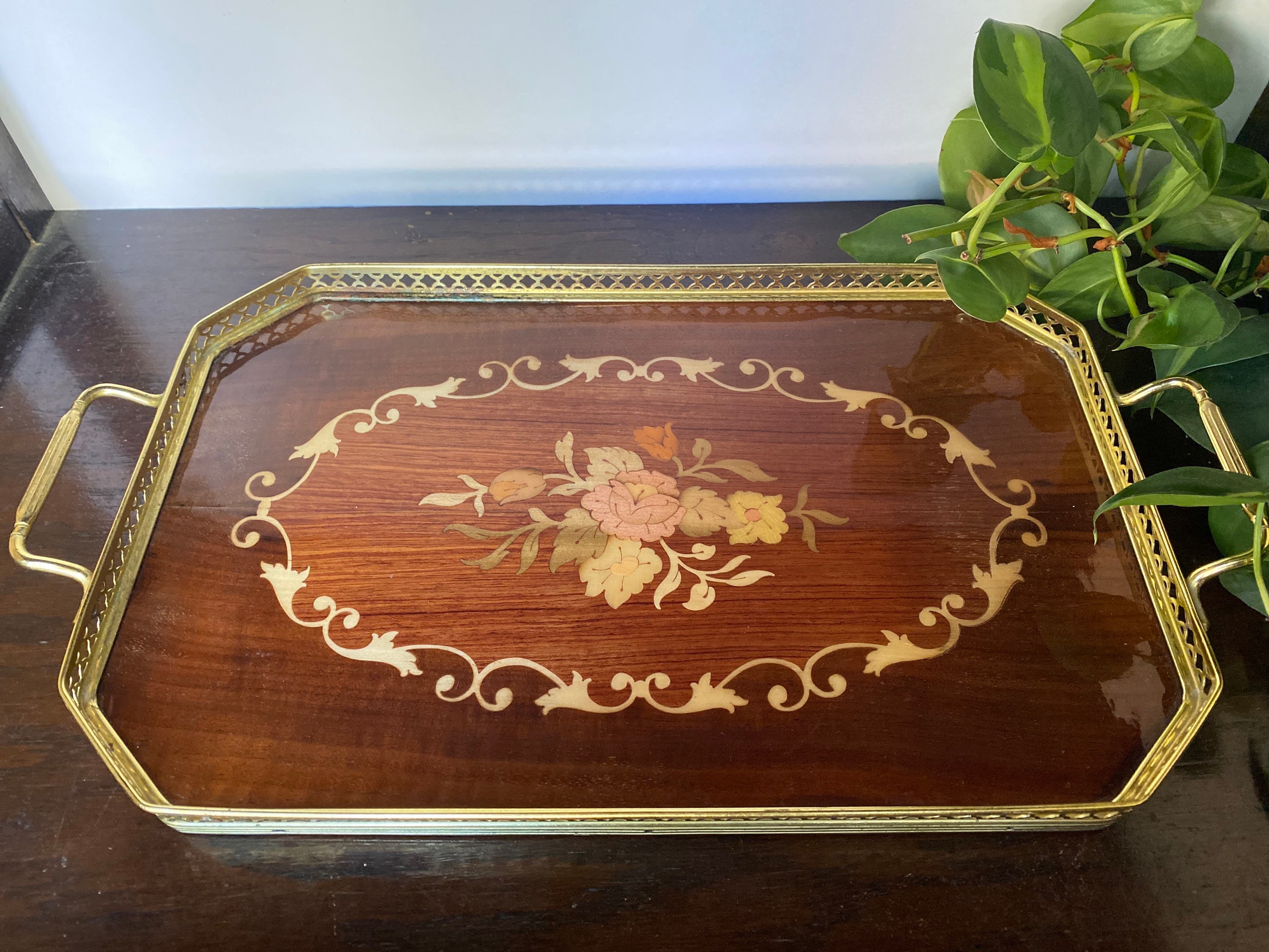 Vintage Italian Inlaid Wood Tray with Flower Design Etsy