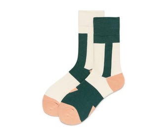 Green Geometric Crew Socks, Minimalist Style, Unisex Socks, Morandi Color, Cotton Socks, Funky Colorful, Gift for Him or Her