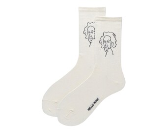 Einstein Face Crew Socks, White,  Minimalist Socks, Funny Gift Idea, Unisex, Cozy Socks, Cotton Socks, Gift for Him or Her