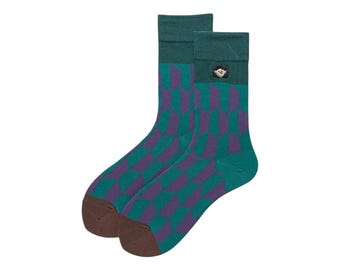 Green & Purple, Geometric Pattern, Anime Inspired Crew Socks, Character Patch, Unisex Cozy Socks