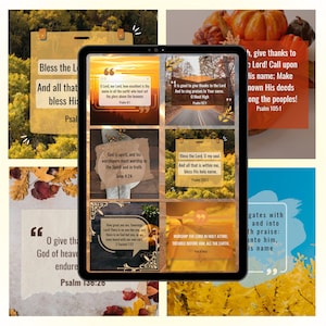 May include: A digital tablet displaying a collage of inspirational quotes about faith and worship. The quotes are set against a background of autumn leaves and pumpkins. The text includes verses from the Bible, such as "Bless the Lord, O my soul" and "Worship the Lord in holy attire."