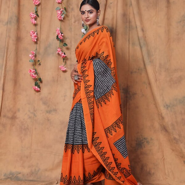 Indian Jaipuri Hand block Printed Pure cotton Mulmul Saree sarees With attached Unstitched/ stitched Saree Blouse (Get a gift)