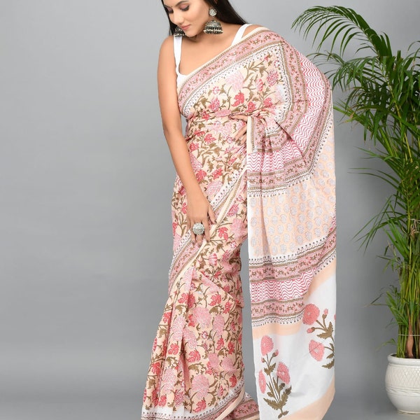 Saree indien en pur coton doux Jaipuri Bagru, imprimé à la main, avec chemisier saree non cousu / cousu (Obtenez un cadeau gratuit)