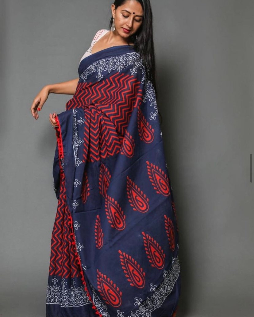 Indian Jaipuri Hand block Printed Pure cotton Saree sarees | Etsy