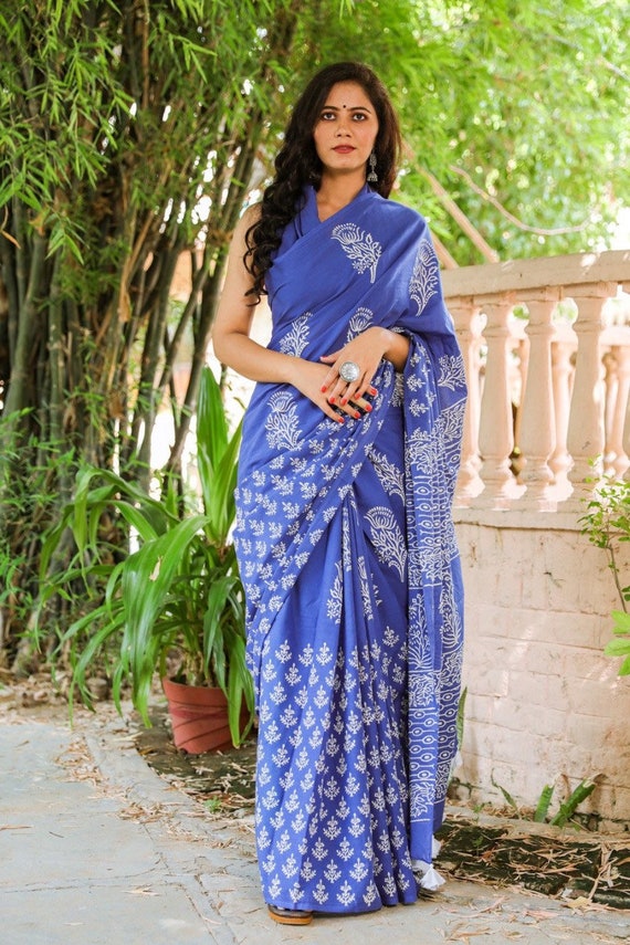 Indian Jaipuri Hand block Printed Pure cotton Saree sarees With attached  Unstitched / stitched Saree Blouse (Get a free Present )