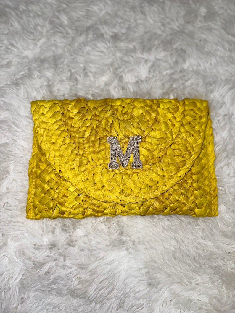 Pochette en paille, pochette en paille personnalisée, cadeau de fête des mères, pochette en paille orné, pochette en paille jaune, pochette en paille rose, pochette en paille noire, image 5