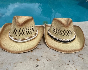 Jeweled Sun Hat, Beach Hat, Straw Hat, Beach Shell hat, Shell cowboy hat, Custom Cowboy Hat, Custom Beach hat, coastal cowboy Hat,