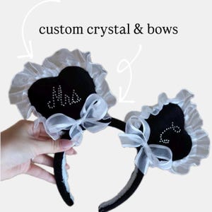 Black Minnie Mouse Ears – Heart-Shaped Black Velvet with White Ruffle Trim - Bride Rhinestone Headband