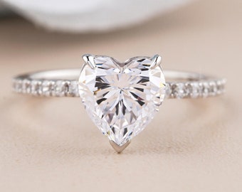 2CT Heart Moissanite Engagement Ring/ Pave Set Side Stone Ring/ 14K Solid Gold Promise Ring/ Unique Ring for Women/ Anniversary Gift For Her