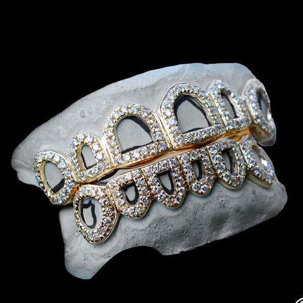 Diamond Open Face Window Grillz | Iced Out Moissanite Diamond Window Teeth Grillz | 14K Yellow Gold Grillz Customized by RJ Gems and Jewels