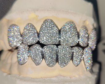 VVS Moissanite Diamond Grillz: Custom Sterling Silver, Gold, 10 Top and Bottom grilz set