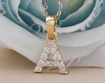 Initial Letter Pendant, Round Moissanite Diamond Necklace Pendant, 14k Gold letter pendant, Custom Letter Jewelry, gifts for men & Women