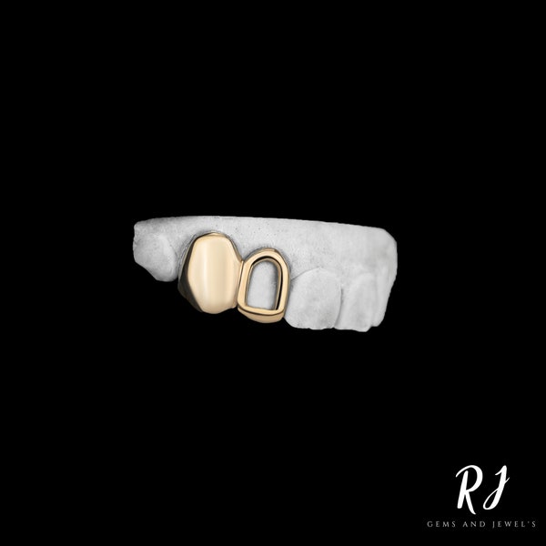 Silver Teeth Grillz | Open Face Canine with solid Gold Cap 2 Teeth Grillz | Custom Gold/Silver Teeth Grillz Grill With Free Mold Kit