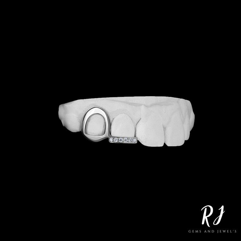 May include: A silver tooth grill with a diamond-encrusted bar. The grill is designed to fit over two teeth and has a unique, open-circle design.